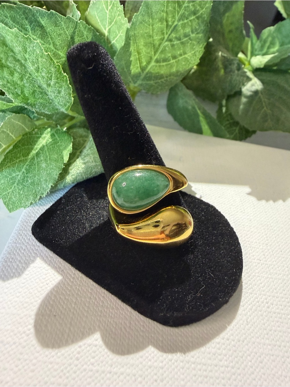 Gold Tone Green Cabochon Statement Cocktail Ring